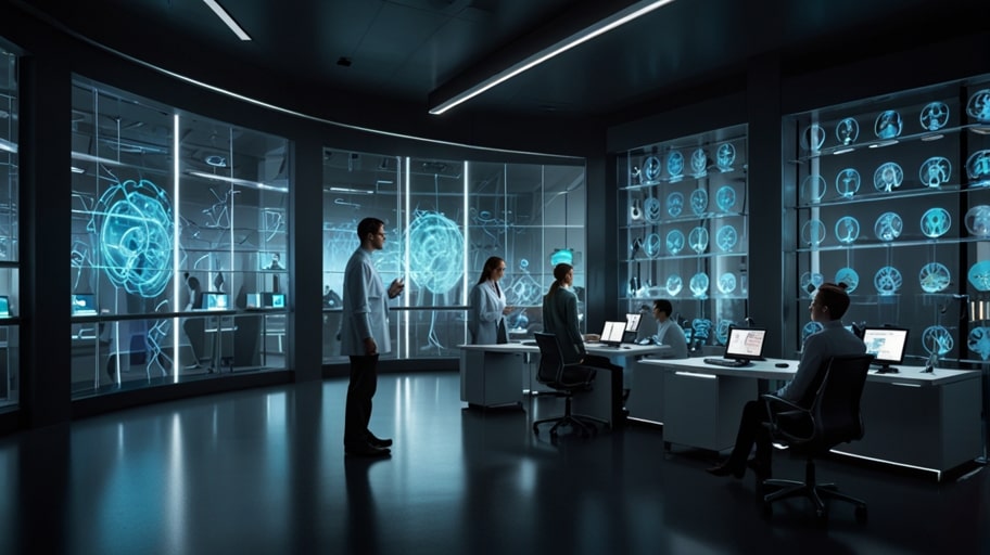 A futuristic neurotechnology lab with glowing brain-computer interface devices and scientists working on advanced neural implants.