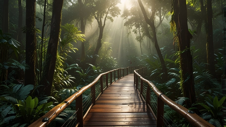 A serene rainforest path with sunlight streaming through lush green canopies, where eco-tourists walk lightly on a wooden walkway, blending harmoniously with nature in a sustainable travel destination.