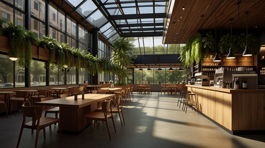 A modern Starbucks storefront in 2031, adorned with solar panels and lush green plants, showcasing compostable cups and a reusable tumbler display in the window.