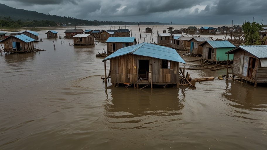 A coastal village partially submerged by rising sea levels, with homes surrounded by floodwaters, illustrating the impact of climate change.
