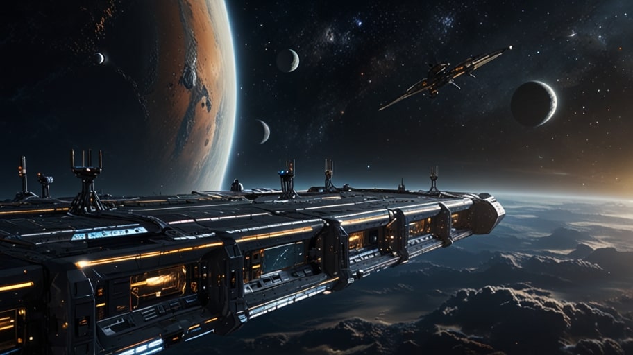 A vibrant digital illustration of a bustling space station in 2035, with sleek spacecraft docking, glowing asteroid mining drones, and orbiting factories producing advanced materials under a starry cosmic backdrop.