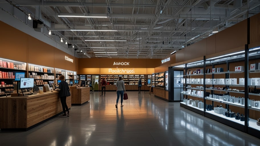 A vibrant, futuristic Walmart store interior in 2034, featuring holographic assistants guiding shoppers, dynamic shelves displaying personalized products, and advanced AI technology creating a tailored shopping experience.