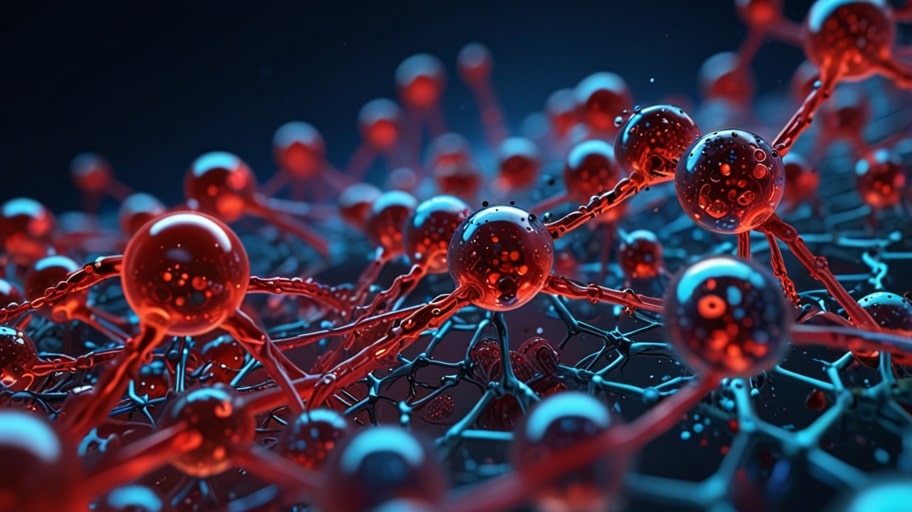 A close-up digital illustration of glowing nanobots navigating a bloodstream, targeting diseased cells with precision, set against a futuristic blue and red medical backdrop.