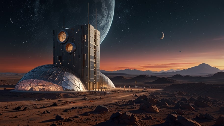 A futuristic robotic loom weaves lunar soil into a sturdy, dome-shaped habitat under a starry lunar sky, with advanced technology and solar panels visible.