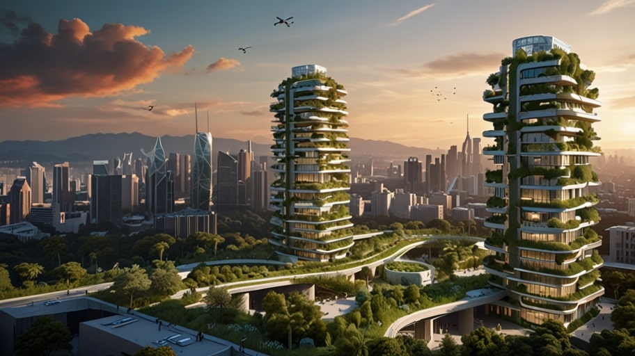 A towering eco-friendly megastructure with vertical gardens, solar panels, and wind turbines, set against a vibrant city skyline in 2036.