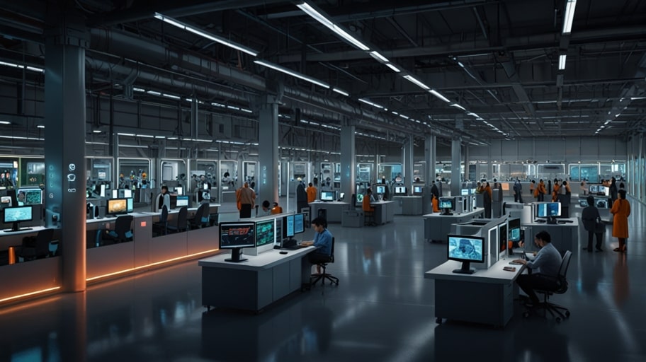 A futuristic smart factory with advanced robotic arms and glowing digital interfaces, seamlessly integrating AI and IoT for efficient production in 2029.