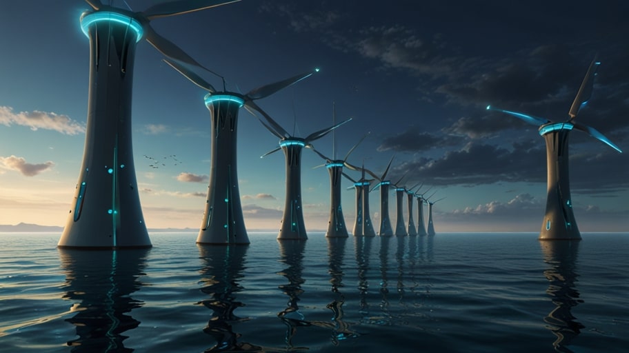 Sleek underwater turbines spin in vibrant ocean currents, generating clean energy beneath a serene sea in 2032.