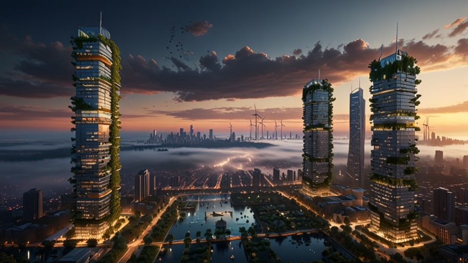 A futuristic floating city hovers above clouds, illuminated by soft lights with sleek structures and greenery in 2035.