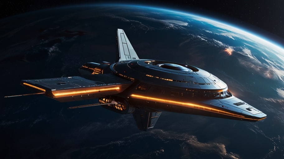 A futuristic orbital resort floats in space, glowing with soft lights against the backdrop of Earth and distant stars in 2035.