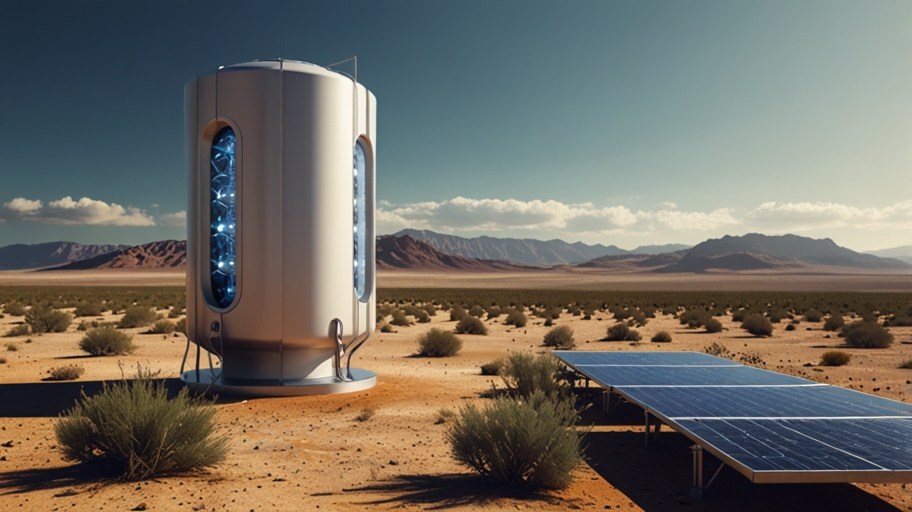 A sleek, solar-powered atmospheric water generator stands in a desert, producing clean water under a bright sun in 2037.