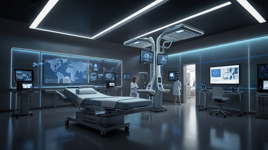 A futuristic healthcare facility in 2034, illuminated with holographic displays and AI-driven medical equipment, set against a sleek, modern interior.